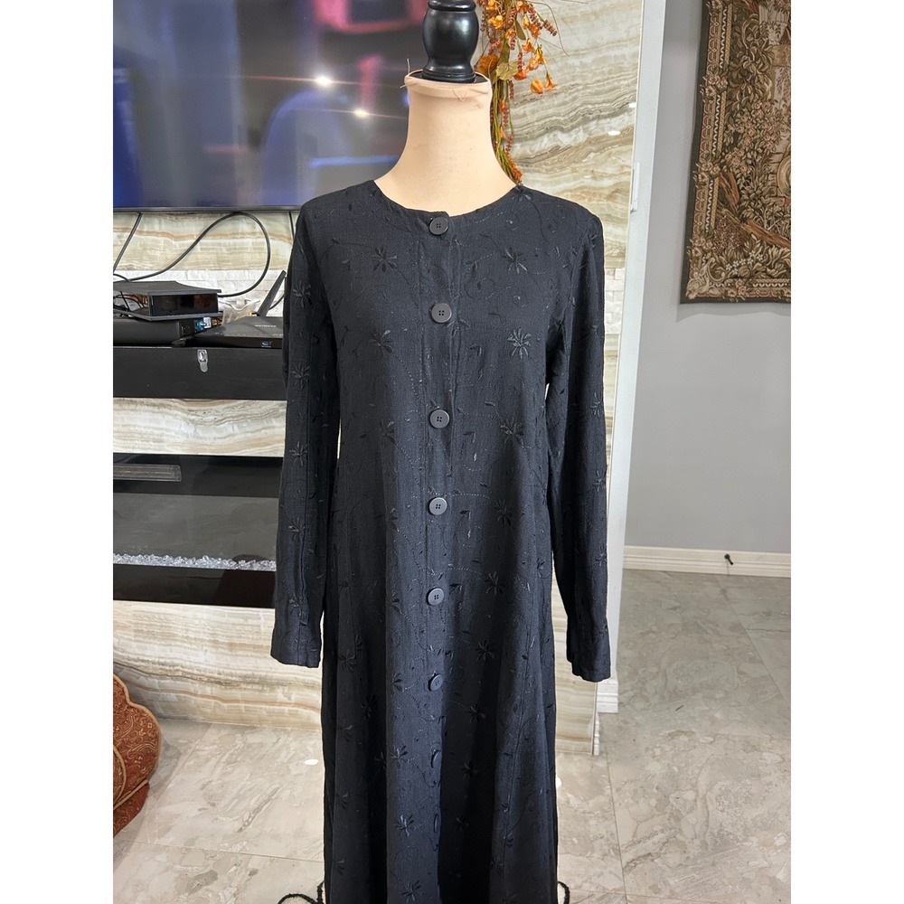 Christy Allen Black Linen Rayon Embroidered Floral Button‎ Front Maxi Dress